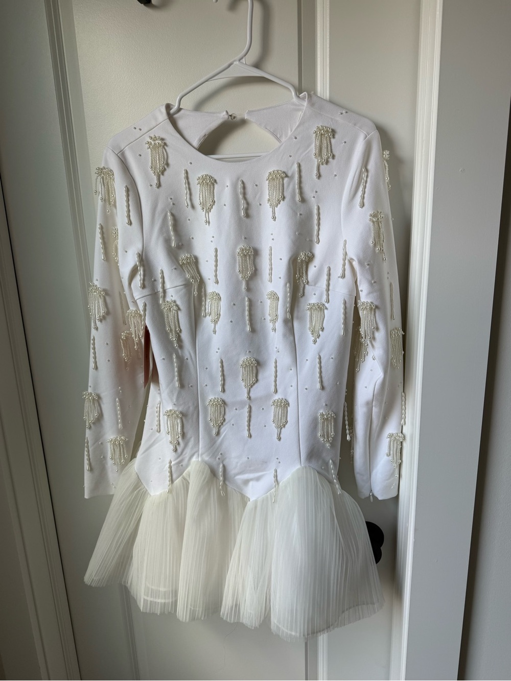 Anthropologie White Beaded Long-Sleeve Mini Dress with Pleated Skirt